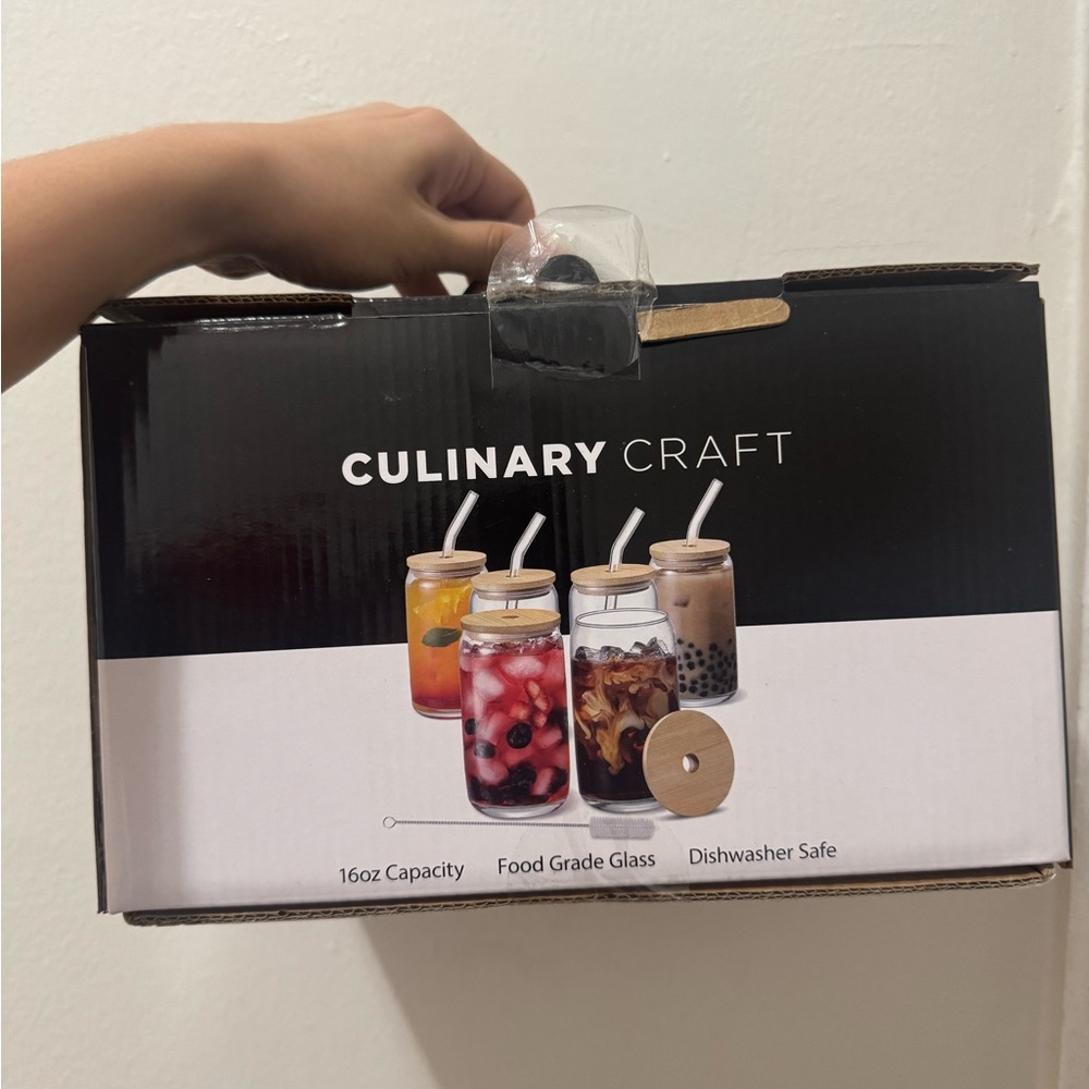 Culinary Craft 5 Drinking Glasses with Bamboo Lids & Glass Straws 1 Jar MISSING